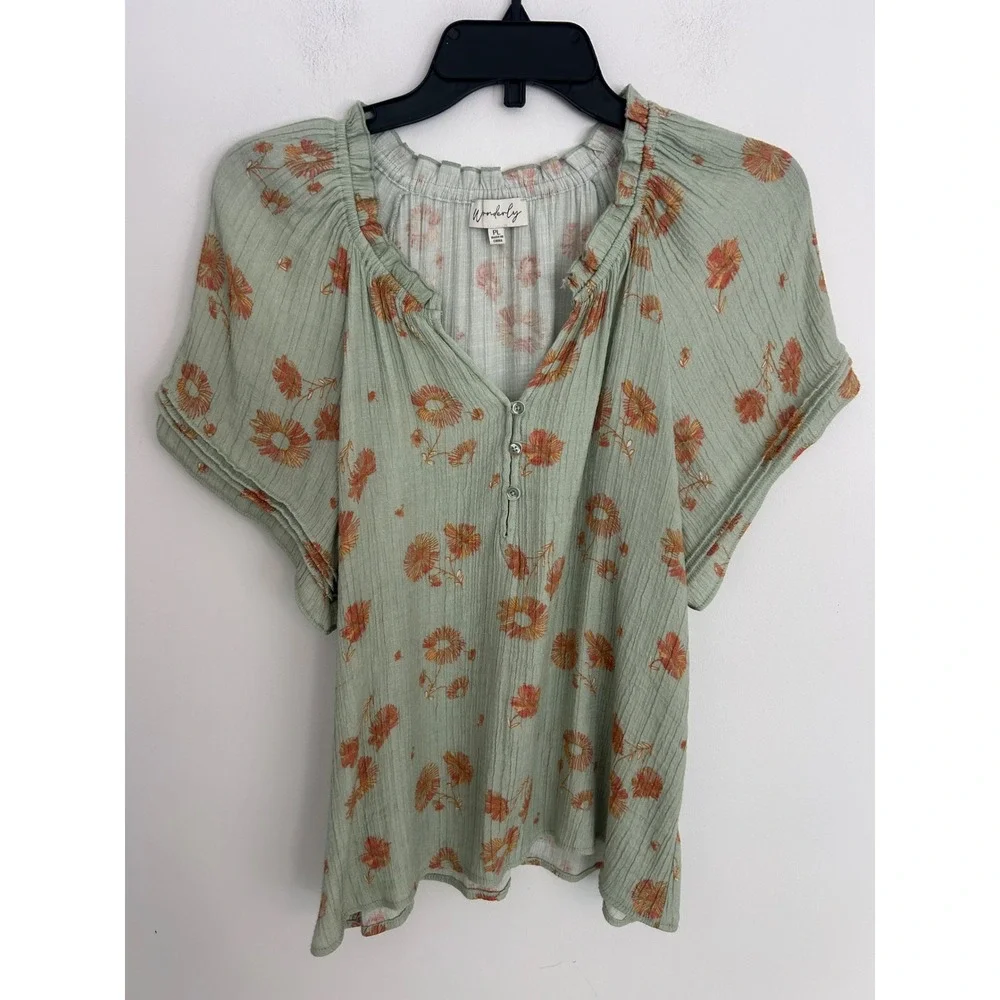 Wonderly Sage Green Floral Gauze Henley Blouse Short Flutter Sleeve Petite Large